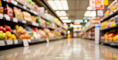 Blurred view of grocery store aisle with shelves stocked with food products.grocery premium photos for banner, poster, and pamphlet backgrounds
