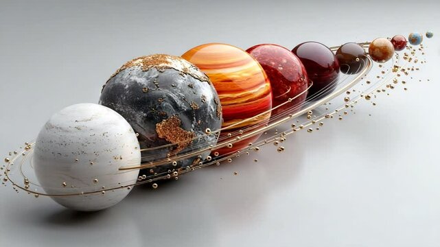 Conceptual rendering of a stylized solar system planets on reflective gray background
