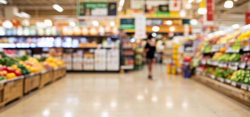 Naklejka premium Blurred view of produce section in a grocery store with a person walking.grocery premium photos for banner, poster, and pamphlet backgrounds