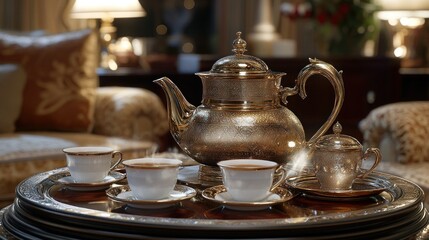 Elegant tea service on a tray, steaming cups