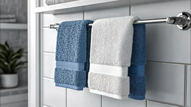 Clean white and blue folded towels hanging in modern bathroom