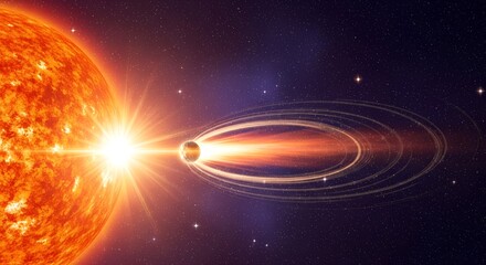 Illustration of a blazing sun and orbiting planet emitting glowing trails in deep space