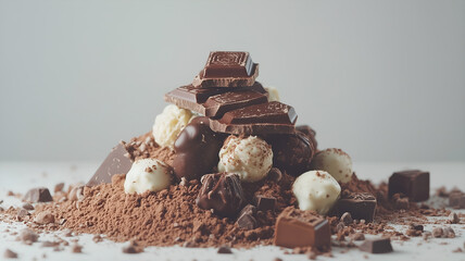 Pile of Assorted Chocolate Truffles and Bars on Cocoa Powder with White Background