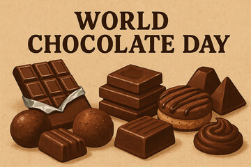World Chocolate Day with Assorted Chocolate Treats on Brown Background