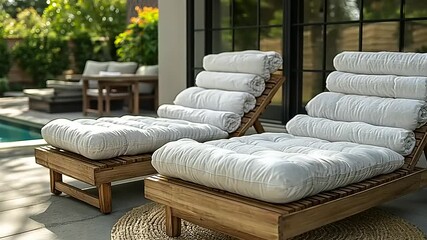 Luxurious outdoor patio scene with cushioned chaise lounges near a sparkling pool for relaxation - Powered by Adobe