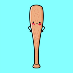A sad and adorable cartoon Baseball Bat character stands against a bright, blue background.