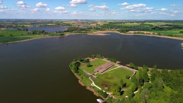 Aerial view of ancient wooden buildings. Biskupin, Poland.