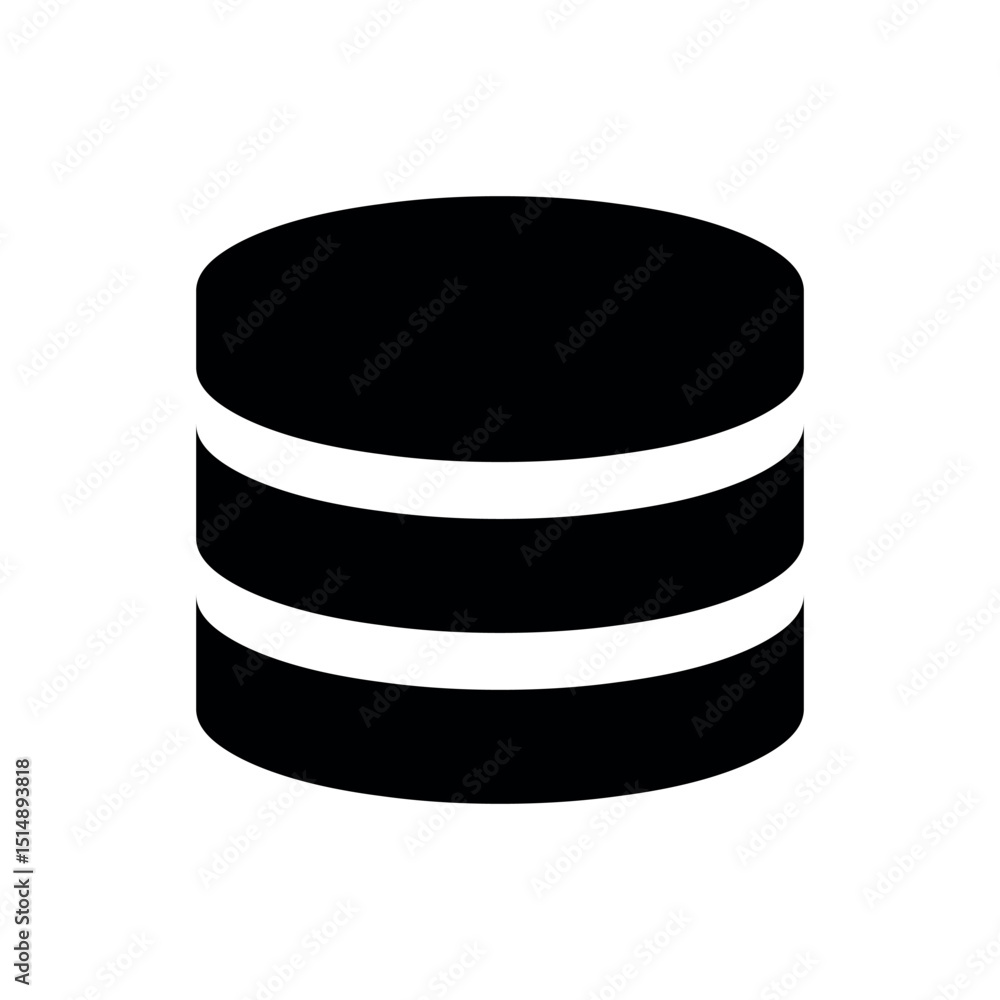 Poster illustration of a database icon, a solid, black silhouette representing stacked disks, widely recogn
