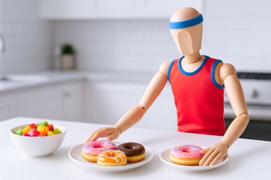 Wooden mannequin dressed sportswear reaching for colorful donuts and bowl of candies kitchen counter, conveying fitness and resolution journey