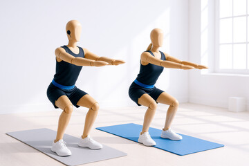 Obraz premium Pair of mannequins practicing fitness exercises in bright room with natural resolution and focus on journey of health and strength