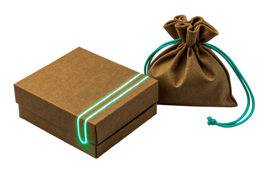 Kraft Gift Box with Neon Accent and Drawstring Bag on Transparent Background, ai generated - Powered by Adobe