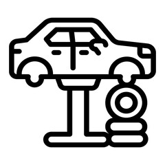 Car vehicle on lift with tires line icon, car service concept. Vector graphics. Lift with automobile, chassis repair sign on white background, style mobile or design.