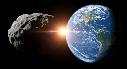 Massive asteroid passing near Earth with bright sun flare in space, showing dramatic cosmic encounter