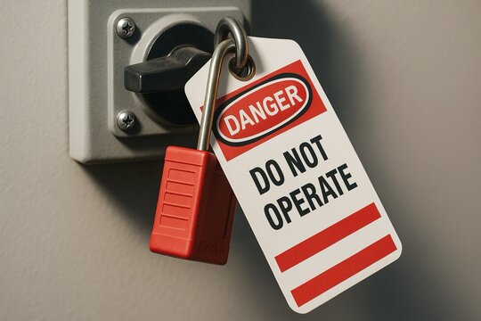 Safety Comes First - A red lock and warning tag indicate restricted access to a power switch, emphasizing safety and caution in an industrial or electrical setting.