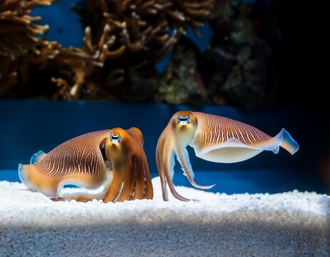 two cuttlefishes in a tank with white sand