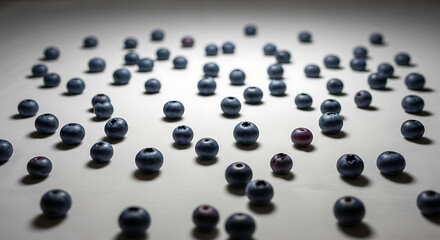 A delectable scatter of blueberries against a bright and subtle shadow.