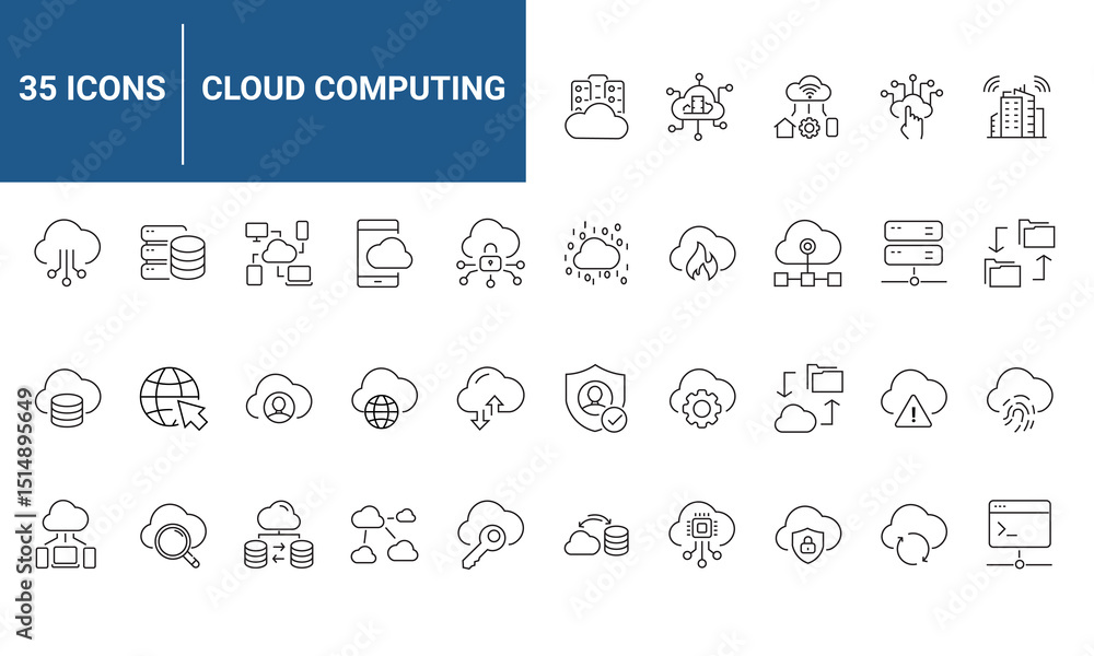 Aufkleber cloud computing set of icons in line style. containing server, database, technology, networking, dow