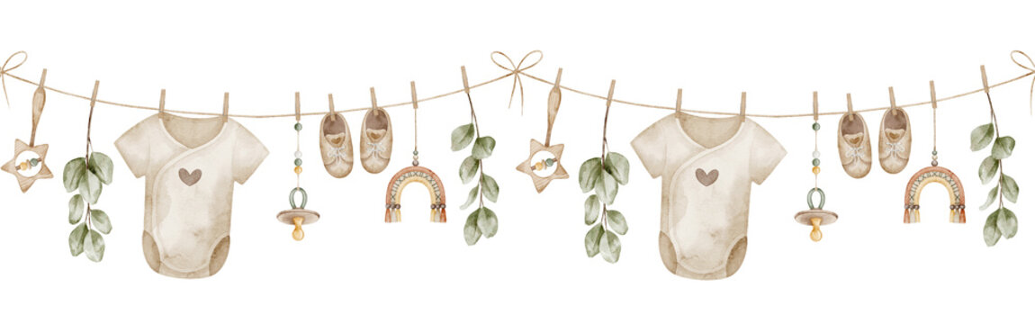 Watercolor illustration of childish Border with baby bodysuit, pacifier, shoes, rainbow, and eucalyptus hanging on a clothesline. Drawing for baby shower greeting cards or newborn invitations.