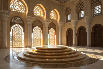 Interior view of a grand hall with arched windows and a tiered circular platform stage