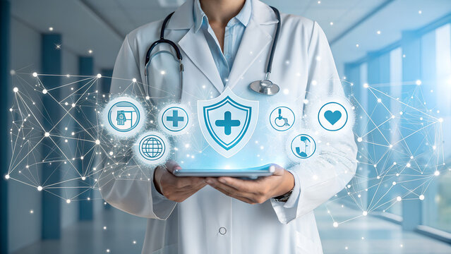 Doctor holding a tablet with medical icons and a shield in a hospital hallway setting - Powered by Adobe