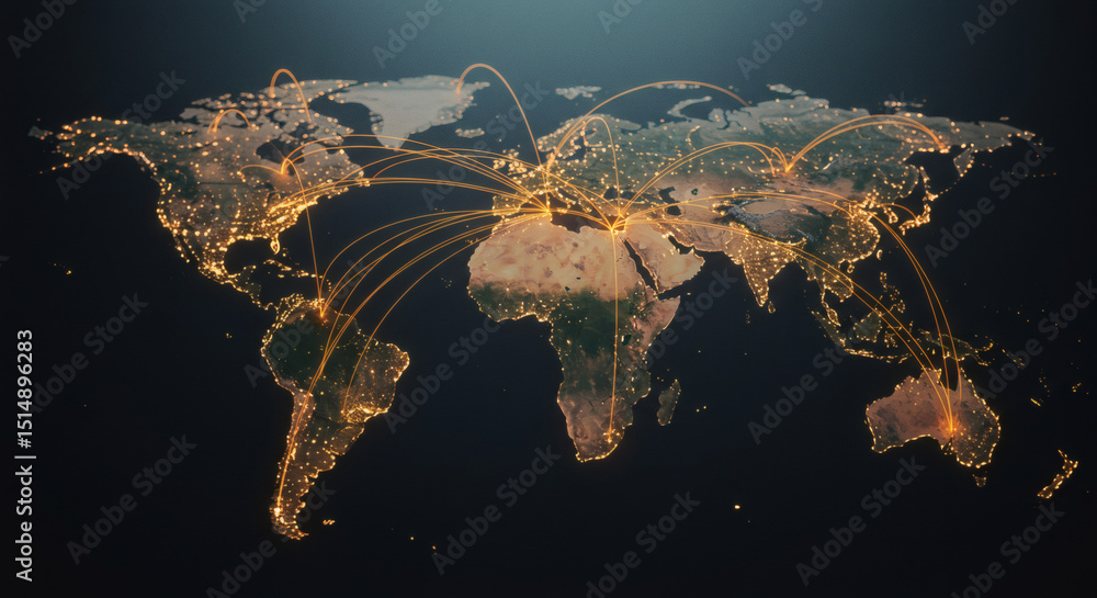 Poster world map at night with illuminated city lights and glowing arched lines connecting various global r