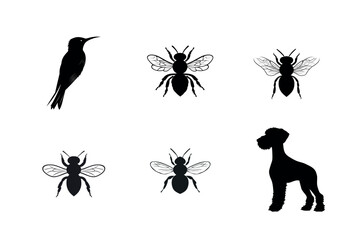 Bird, Bee, and Dog Silhouettes in Various Poses