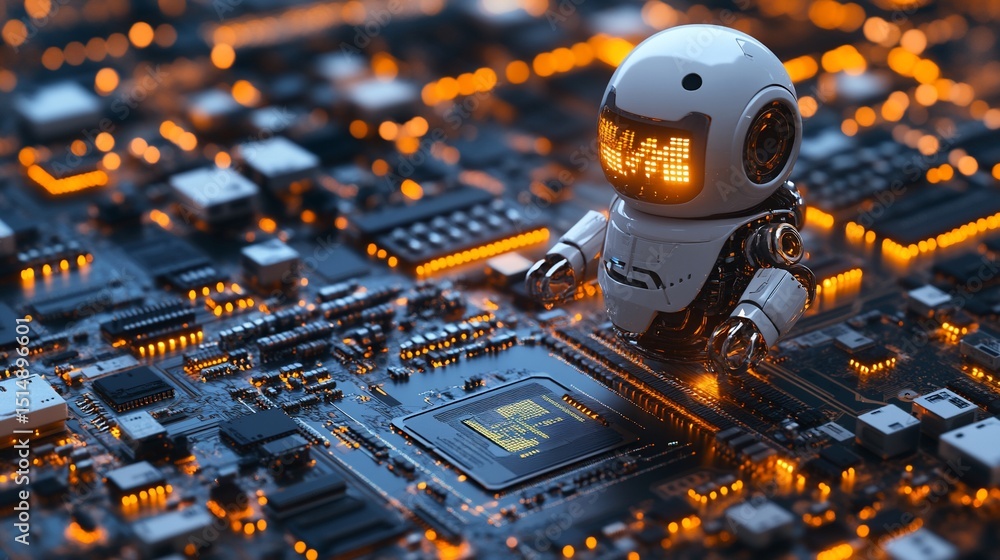 Poster futuristic robot on a high-tech circuit board, showcasing artificial intelligence