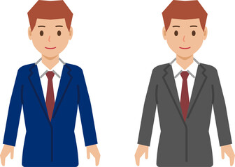 両手を下ろし、すまし顔のベリーショートの若い男性。スーツ姿の上半身