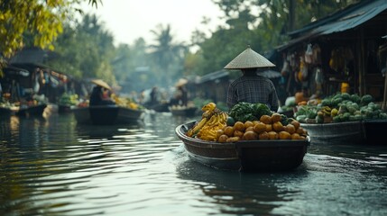 Obraz premium Floating market scene with vendors