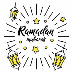 Hand-lettered "Happy Ramadan Mubarak" with glowing lanterns and twinkling stars for festive digital use