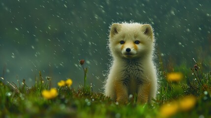 Obraz premium Fluffy arctic fox cub in a snowy meadow