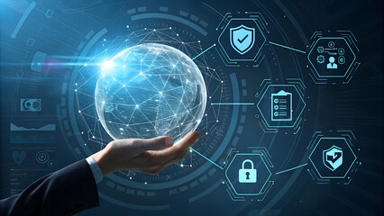 A hand holding a glowing network globe with security icons on a blue technology background