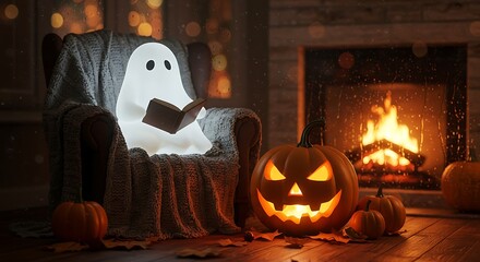Cozy Halloween Night Scene Featuring a Ghost Reading and Carved Pumpkin