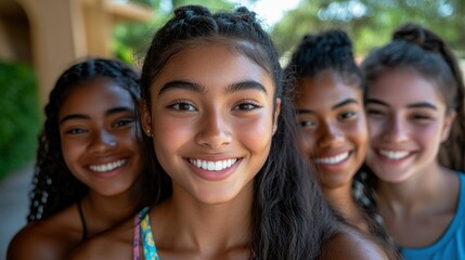Fototapeta premium Four young women smiling happily together outdoors
