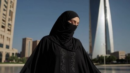 Saudi Muslim Woman Wearing Black Abaya and Niqab at Riyadh Kingdom Centre – Traditional Muslim Modest Fashion - Powered by Adobe