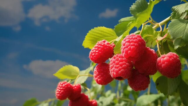 raspberry fruits branch in sunlight moring to night
