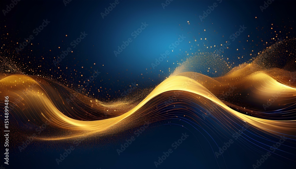 Poster abstract background with glowing gold wave lines on dark blue background