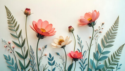 Elegant botanical illustration of blooming wildflowers and delicate ferns with vintage paper texture