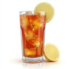 3D icon of a refreshing glass of iced tea with lemon slices isolated on a white background, perfect for summer and beverage-related designs