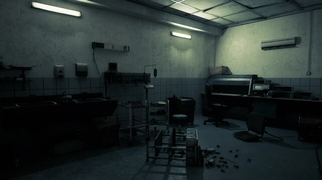 An abandoned surgical room reveals disarray with overturned chairs and medical equipment. Dim lights create an eerie atmosphere, highlighting the neglect and mystery of the space.