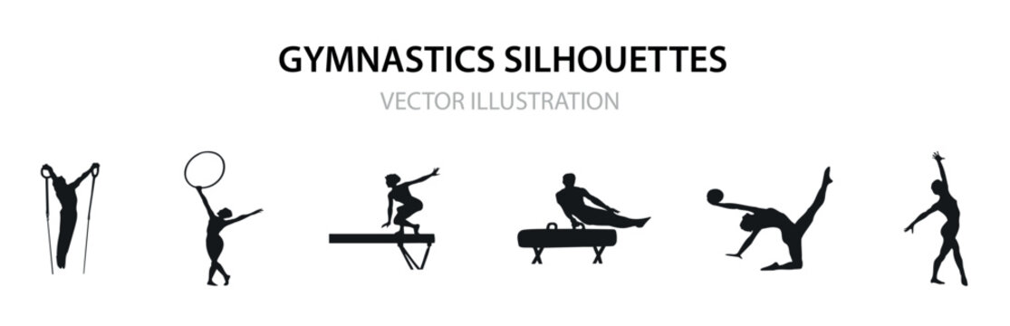 Gymnastics silhouette set. Collection of gymnast silhouette, balance, cut out, elegance, exercising, females, girls, grace, gymnastics, jumping, Gymnastics Floor Routine
VECTOR ILLUSTRATION