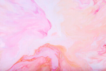 Fototapeta premium Pink Peach Marble Swirl Texture with Yellow Accents, Abstract Fluid Background for Feminine Design