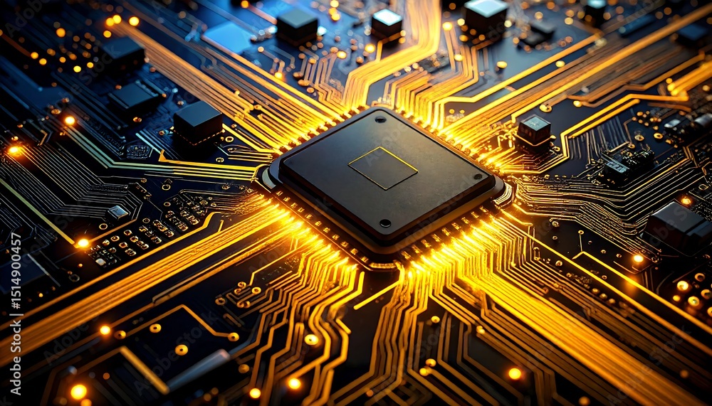Poster hightech cpu closeup of glowing central processing unit and circuit board.