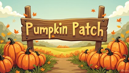 Pumpkin patch sign with pumpkins landscape art