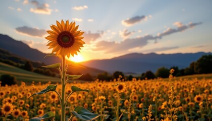 Fototapeta premium single sunflower standing in golden field at sunset with mountain view lifestyle nature concept warm light rustic countryside aesthetic