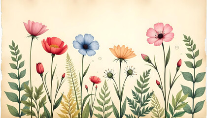 Elegant botanical illustration of blooming wildflowers and delicate ferns with vintage paper texture