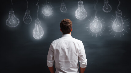 Man Observing Glowing Light Bulbs on Chalkboard – Concept of Innovation and Business Ideas