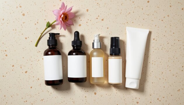 beige facial scrub and skincare products arranged on speckled surface clean flat lay composition spa beauty branding mockup for e commerce skincare visuals