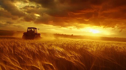 Tractor plowing through golden wheat field at sunset, creating a serene rural landscape.