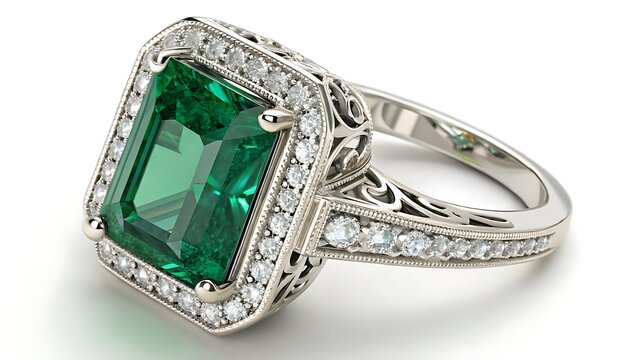 Close up of a square cut emerald ring with diamond accents on white